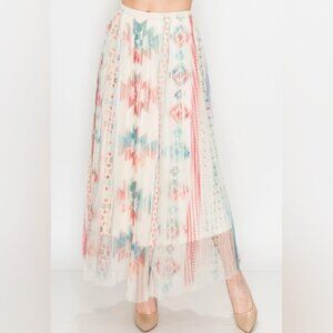NEW Origami Cream Aztec Tribal Orange Red Blue Tulle Overlay 2 Tier Maxi Skirt M